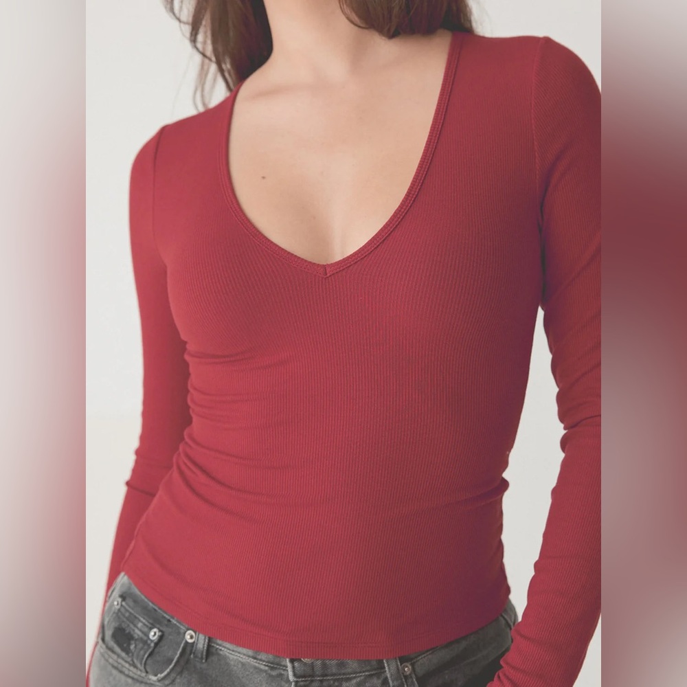 Braless Ribbed Deep V Long Sleeve